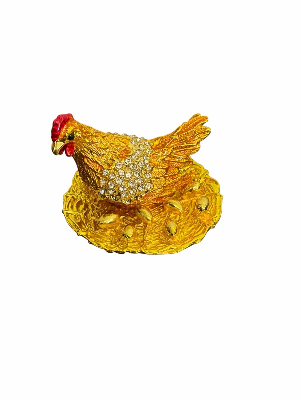 Gold Tone Metal Enamel Rhinestone Hen on Nest Trinket Box